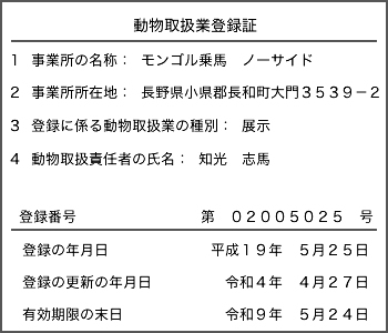 動物取扱業登録証